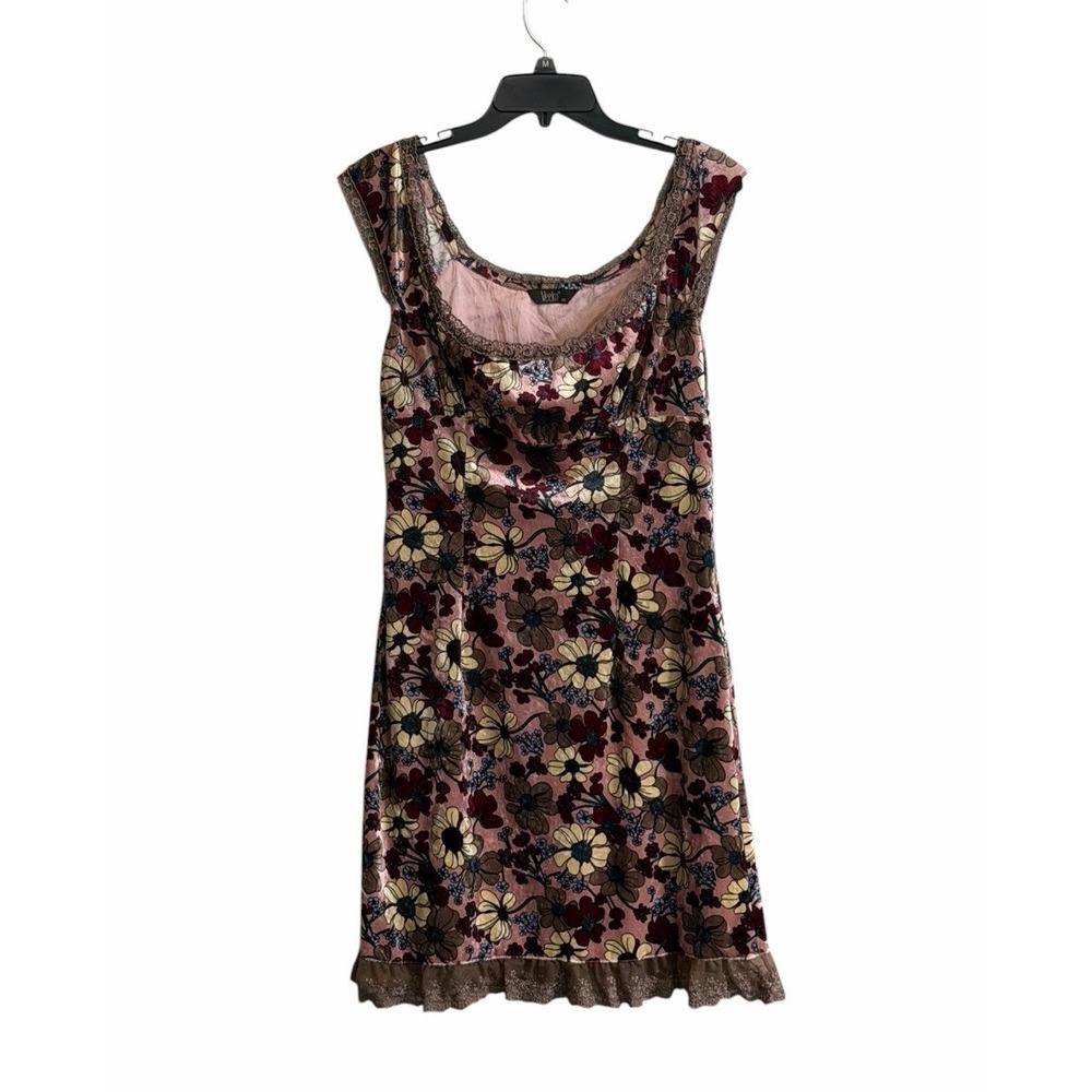 Vtg Inspired Keeko Floral Velvet Milkmaid Mini Dress Lace Trim Y2K Whimsy Med